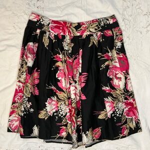 ANN TAYLOR LOFT‎ Skirt-Black Cotton Pleated Full, Pink Floral Design, Size 10